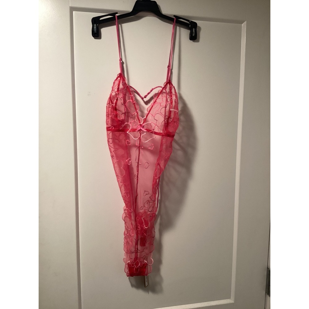 SKIMS Embroidered Tulle Teddy Punch Pink Heart Mesh Bodysuit OS-ONS-7429W Medium